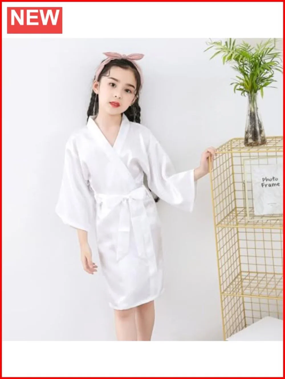 Girls Satin Flower Girl Robe Gold Glitters Wedding Kimono Robe